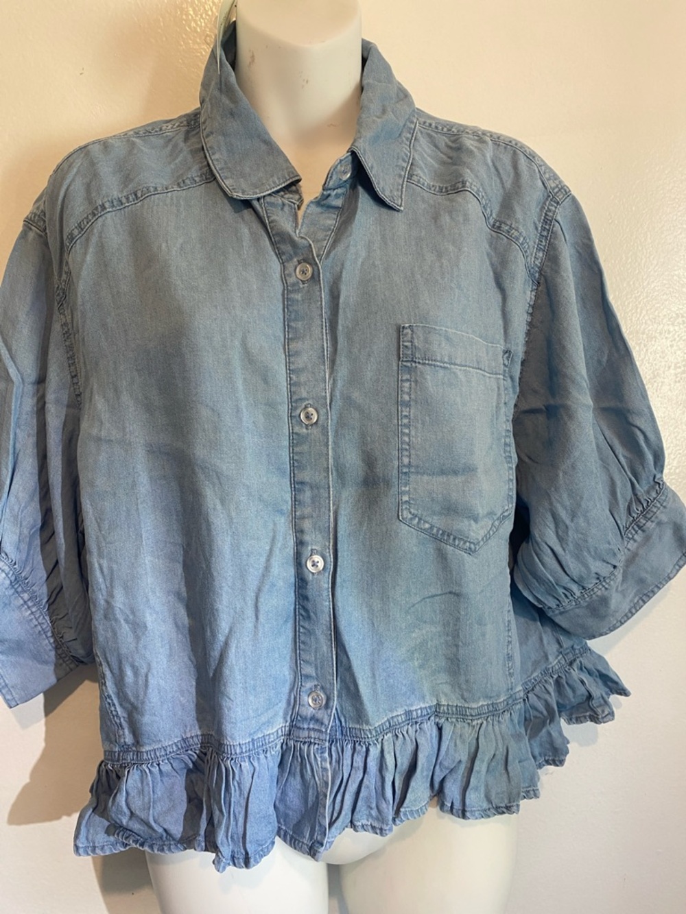 Francesca's Collections Light Blue Ruffle-Hem Denim Blouse